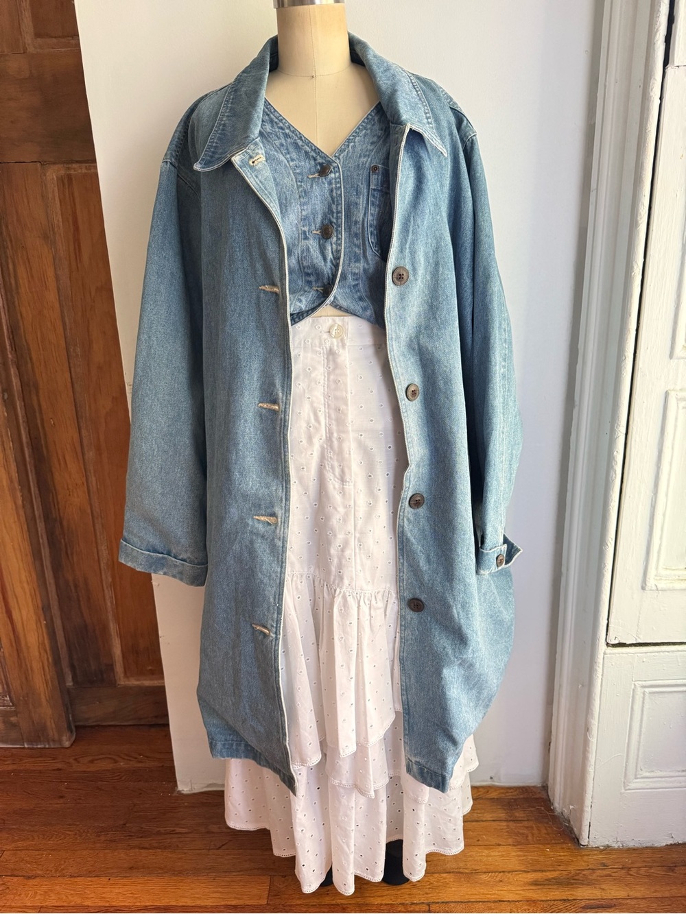 Vintage 90s Light Wash Denim Duster Coat Oversized 1X